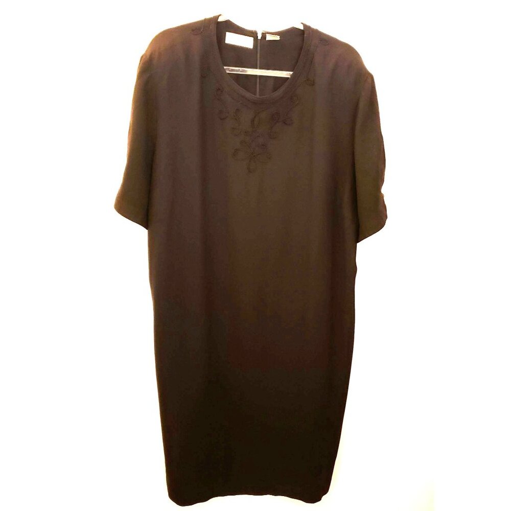 Vintage Black Sheath Midi Dress Embroidery Decorative Buttons Sz 20 EUC